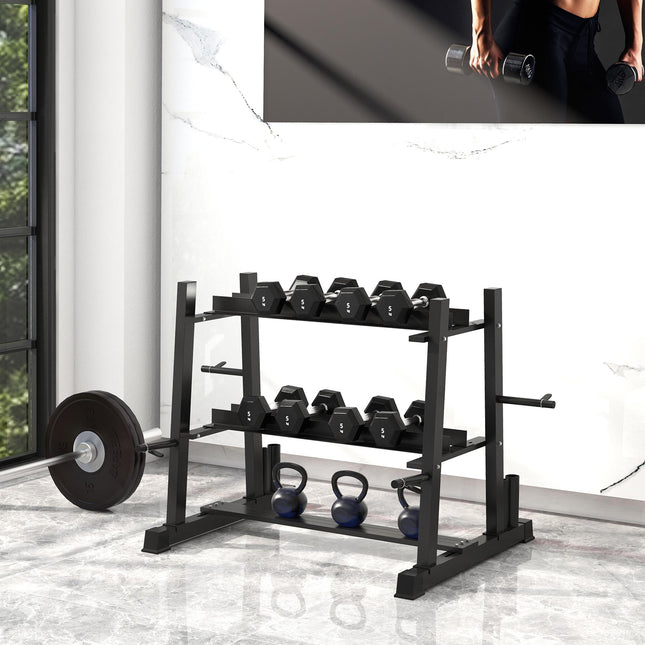 3-Tier Dumbbell Rack, Versatile Weight Rack with 4 Weight Rods for Dumbbells, Kettlebells and Plates (Rack Only)
