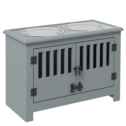 Raised Dog Feeding Station for Large Dogs with Storage Cabinet & 2 Stainless Steel Bowls - Grey