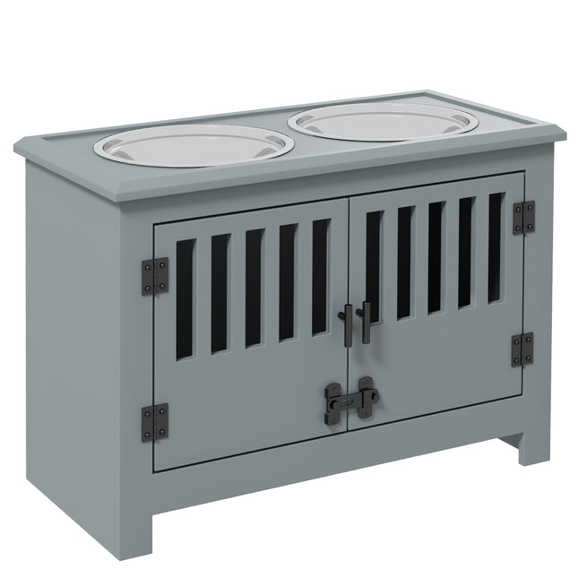 Raised Dog Feeding Station for Large Dogs with Storage Cabinet & 2 Stainless Steel Bowls - Grey