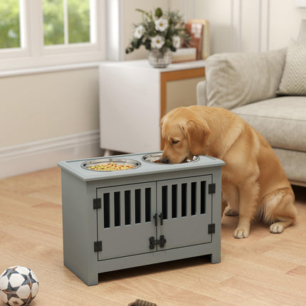 Raised Dog Feeding Station for Large Dogs with Storage Cabinet & 2 Stainless Steel Bowls - Grey