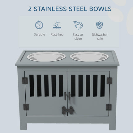 Raised Dog Feeding Station for Large Dogs with Storage Cabinet & 2 Stainless Steel Bowls - Grey