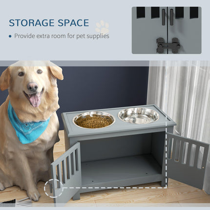 Raised Dog Feeding Station for Large Dogs with Storage Cabinet & 2 Stainless Steel Bowls - Grey