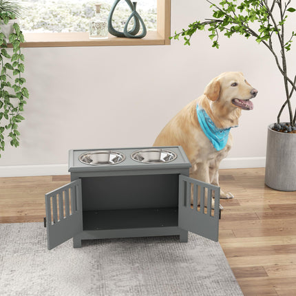 Raised Dog Feeding Station for Large Dogs with Storage Cabinet & 2 Stainless Steel Bowls - Grey