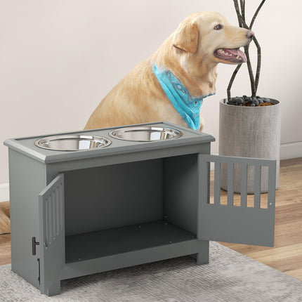 Raised Dog Feeding Station for Large Dogs with Storage Cabinet & 2 Stainless Steel Bowls - Grey