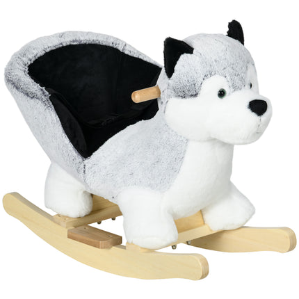 Baby Rocking Horse Husky Plush Wooden Ride-On Toy with Seat Belt for 18-36 Months - Grey