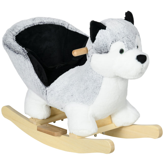 Baby Rocking Horse Husky Plush Wooden Ride-On Toy with Seat Belt for 18-36 Months - Grey