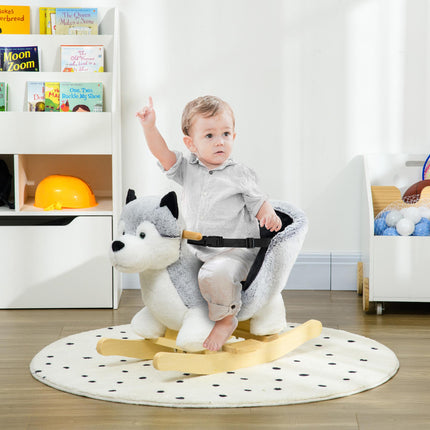 Baby Rocking Horse Husky Plush Wooden Ride-On Toy with Seat Belt for 18-36 Months - Grey