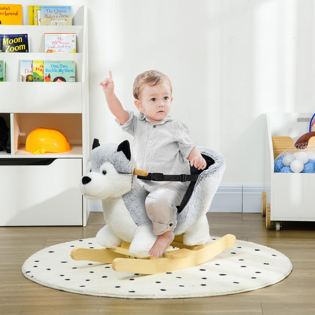 Baby Rocking Horse Husky Plush Wooden Ride-On Toy with Seat Belt for 18-36 Months - Grey
