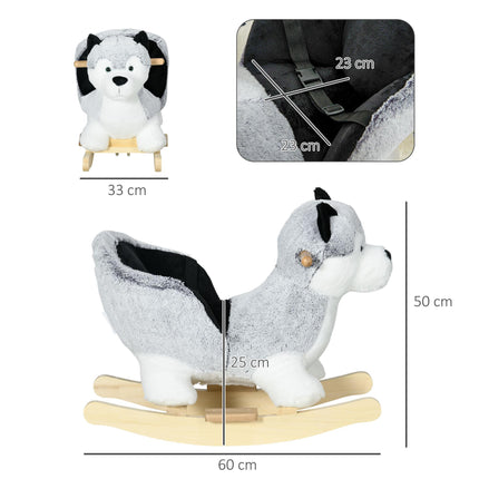 Baby Rocking Horse Husky Plush Wooden Ride-On Toy with Seat Belt for 18-36 Months - Grey