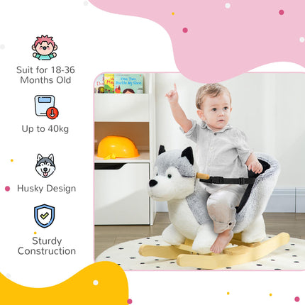 Baby Rocking Horse Husky Plush Wooden Ride-On Toy with Seat Belt for 18-36 Months - Grey