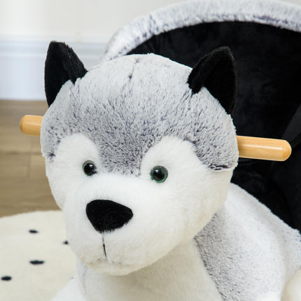 Baby Rocking Horse Husky Plush Wooden Ride-On Toy with Seat Belt for 18-36 Months - Grey
