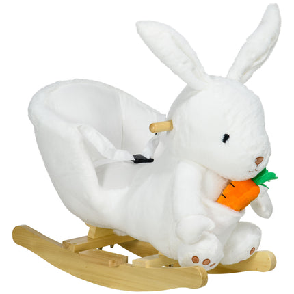 Kids Plush Rocking Horse Rabbit Shape with Safety Harness, Realistic Sound & Foot Pedals for Toddlers 18-36 Months - White
