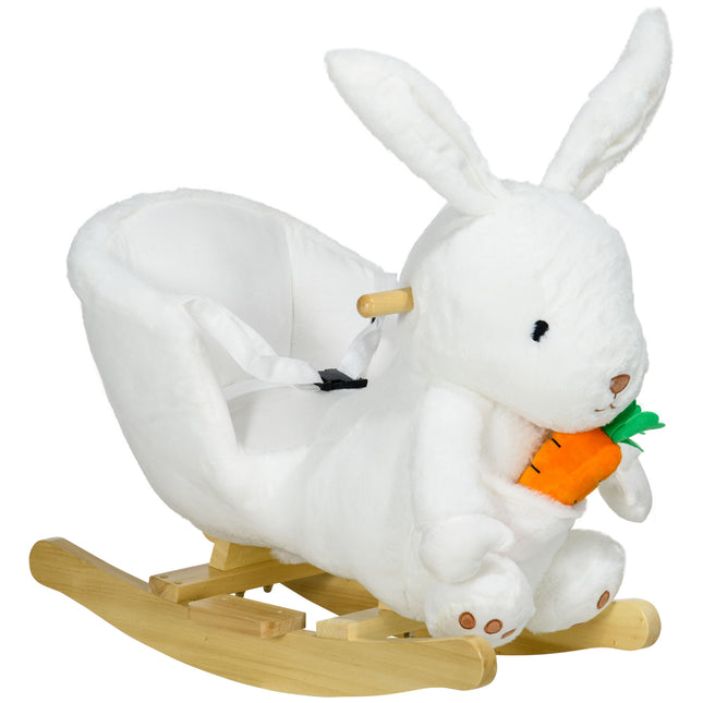 Kids Plush Rocking Horse Rabbit Shape with Safety Harness, Realistic Sound & Foot Pedals for Toddlers 18-36 Months - White