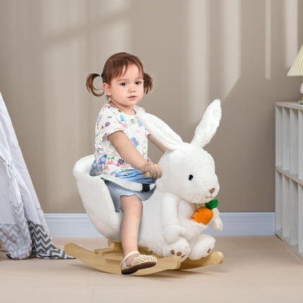 Kids Plush Rocking Horse Rabbit Shape with Safety Harness, Realistic Sound & Foot Pedals for Toddlers 18-36 Months - White