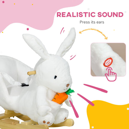 Kids Plush Rocking Horse Rabbit Shape with Safety Harness, Realistic Sound & Foot Pedals for Toddlers 18-36 Months - White