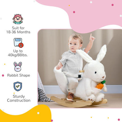 Kids Plush Rocking Horse Rabbit Shape with Safety Harness, Realistic Sound & Foot Pedals for Toddlers 18-36 Months - White