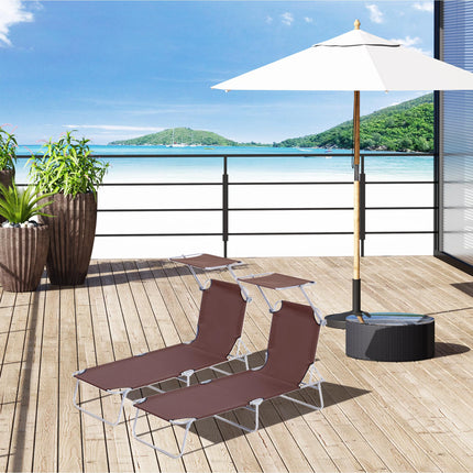 2 Pcs Outdoor Foldable Patio Sun Lounger Set with Adjustable Backrest & Removable Shade Canopy - Brown