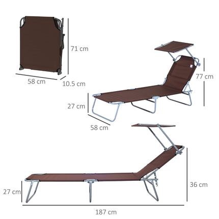 2 Pcs Outdoor Foldable Patio Sun Lounger Set with Adjustable Backrest & Removable Shade Canopy - Brown