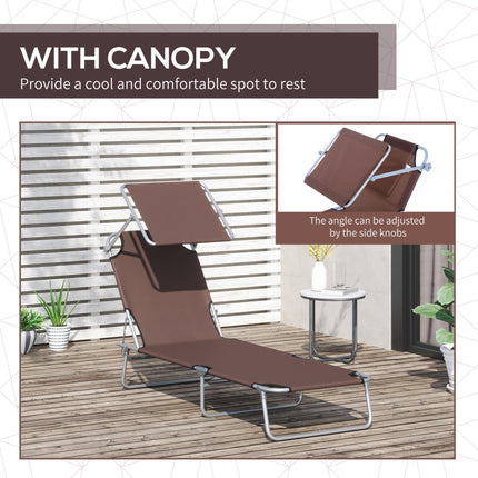 2 Pcs Outdoor Foldable Patio Sun Lounger Set with Adjustable Backrest & Removable Shade Canopy - Brown