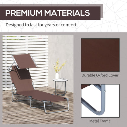 2 Pcs Outdoor Foldable Patio Sun Lounger Set with Adjustable Backrest & Removable Shade Canopy - Brown