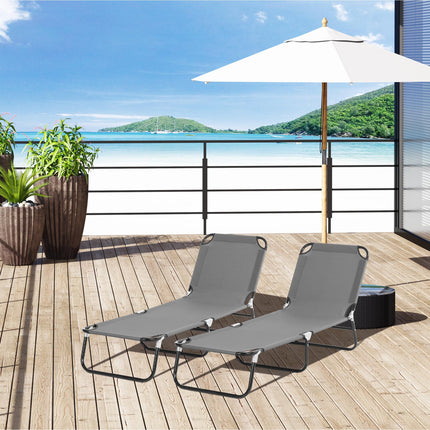 2-Piece Foldable Sun Lounger Set with 5-Position Adjustable Backrest - Grey