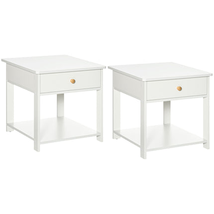 Set of 2 Square Bedside Tables with Drawer and Shelf - White
