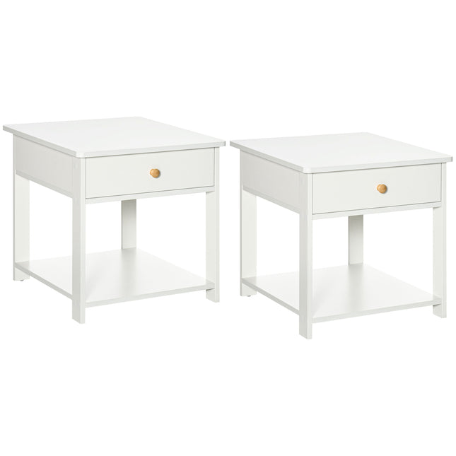 Set of 2 Square Bedside Tables with Drawer and Shelf - White