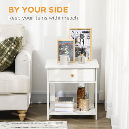 Set of 2 Square Bedside Tables with Drawer and Shelf - White