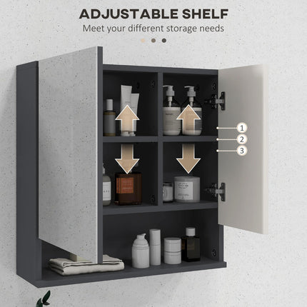 Wall Mounted Bathroom Mirror Cabinet with Adjustable Shelves - Light Grey