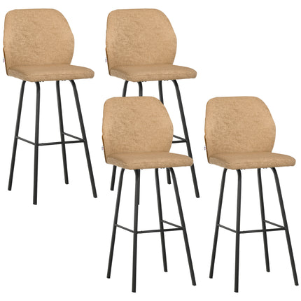 Set of 4 Linen-Touch Upholstered Bar Stools with Backs and Steel Legs for Kitchen and Dining - Light Brown
