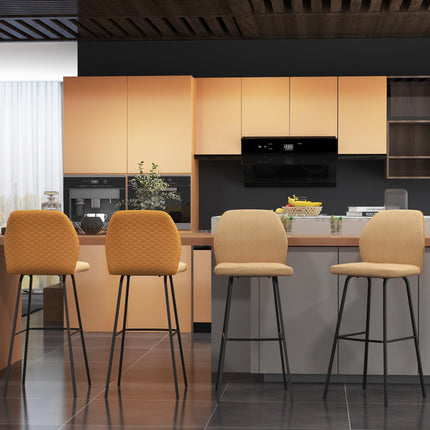 Set of 4 Linen-Touch Upholstered Bar Stools with Backs and Steel Legs for Kitchen and Dining - Light Brown