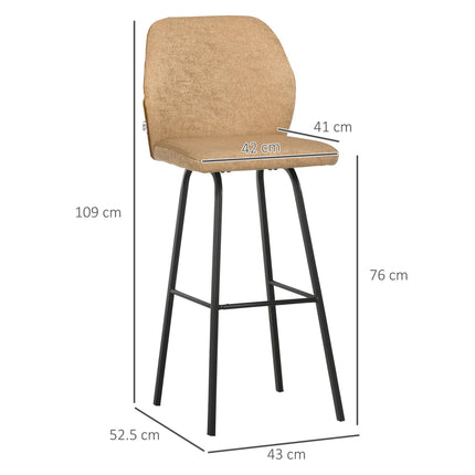 Set of 4 Linen-Touch Upholstered Bar Stools with Backs and Steel Legs for Kitchen and Dining - Light Brown