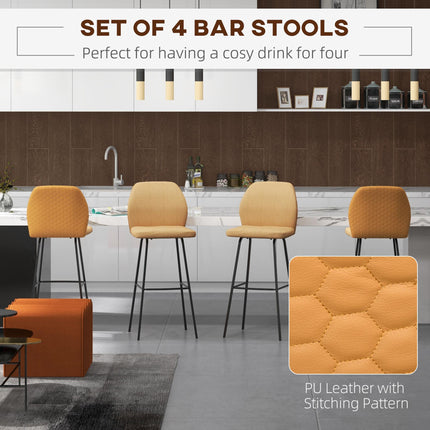 Set of 4 Linen-Touch Upholstered Bar Stools with Backs and Steel Legs for Kitchen and Dining - Light Brown