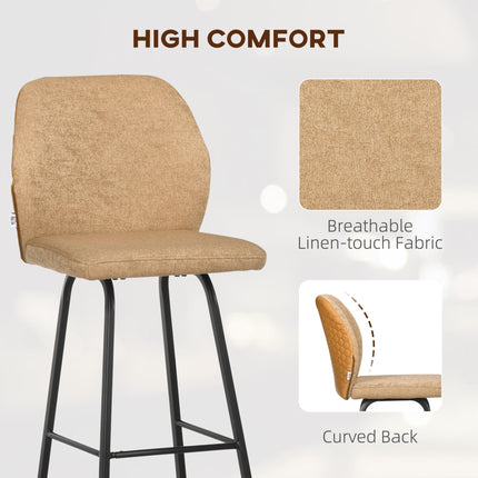 Set of 4 Linen-Touch Upholstered Bar Stools with Backs and Steel Legs for Kitchen and Dining - Light Brown