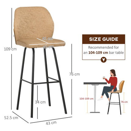 Set of 4 Linen-Touch Upholstered Bar Stools with Backs and Steel Legs for Kitchen and Dining - Light Brown
