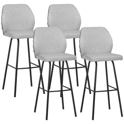 Set of 4 Linen-Touch Upholstered Bar Stools with Backs and Steel Legs for Kitchen and Dining - Light Grey