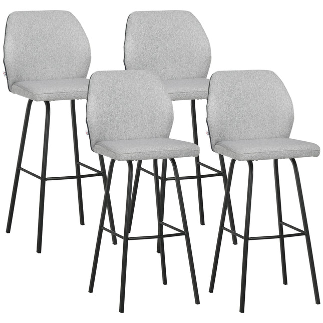 Set of 4 Linen-Touch Upholstered Bar Stools with Backs and Steel Legs for Kitchen and Dining - Light Grey
