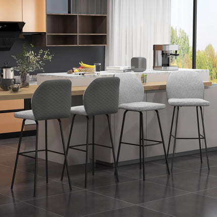 Set of 4 Linen-Touch Upholstered Bar Stools with Backs and Steel Legs for Kitchen and Dining - Light Grey
