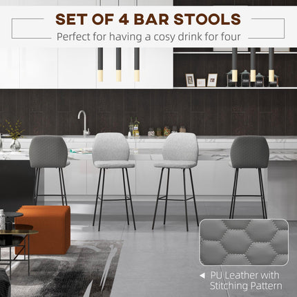 Set of 4 Linen-Touch Upholstered Bar Stools with Backs and Steel Legs for Kitchen and Dining - Light Grey