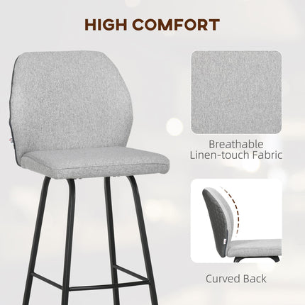 Set of 4 Linen-Touch Upholstered Bar Stools with Backs and Steel Legs for Kitchen and Dining - Light Grey