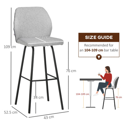 Set of 4 Linen-Touch Upholstered Bar Stools with Backs and Steel Legs for Kitchen and Dining - Light Grey