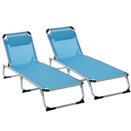 Set of 2 Adjustable Foldable Sun Loungers with Pillows - Blue