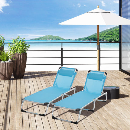 Set of 2 Adjustable Foldable Sun Loungers with Pillows - Blue