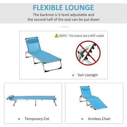Set of 2 Adjustable Foldable Sun Loungers with Pillows - Blue