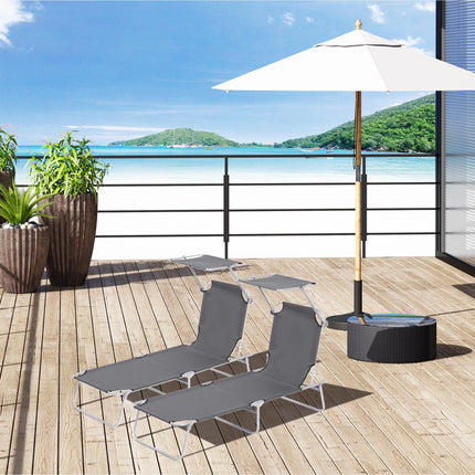 2-Piece Outdoor Foldable Sun Lounger Set with Removable Shade Canopy and Adjustable Backrest - Grey