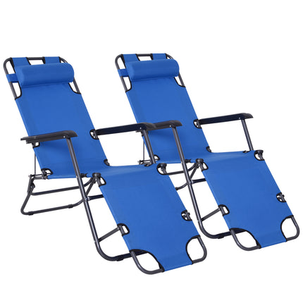 2-Piece Foldable Adjustable Sun Loungers with Pillow and Armrests - Blue