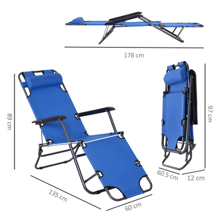 2-Piece Foldable Adjustable Sun Loungers with Pillow and Armrests - Blue
