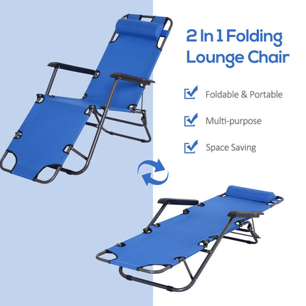2-Piece Foldable Adjustable Sun Loungers with Pillow and Armrests - Blue