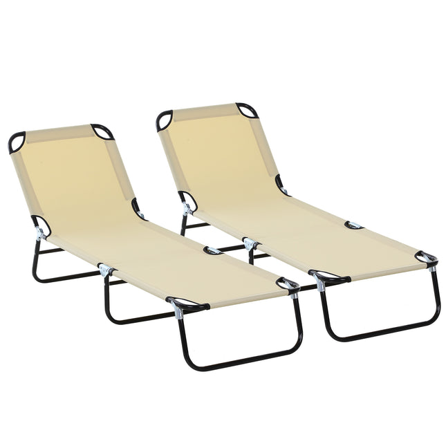 2-Piece Foldable Sun Lounger Set with 5-Position Adjustable Backrest - Beige