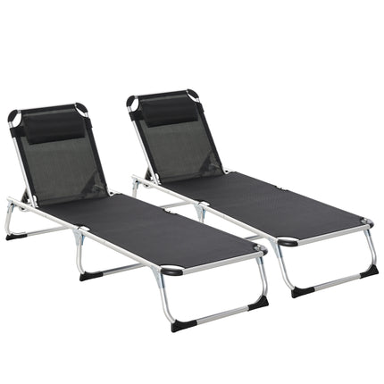 Set of 2 Foldable Sun Loungers with Adjustable Backrest and Pillow - Black